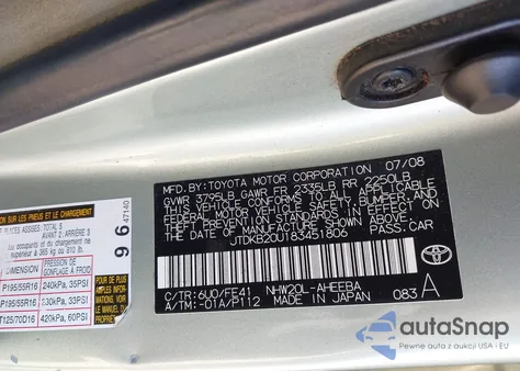 2008 Toyota Prius Touring from USA, damaged, VIN JTDKB20U183451806